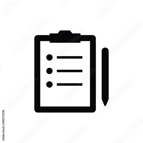 Clipboard with a list and pen beside it in a minimalist style