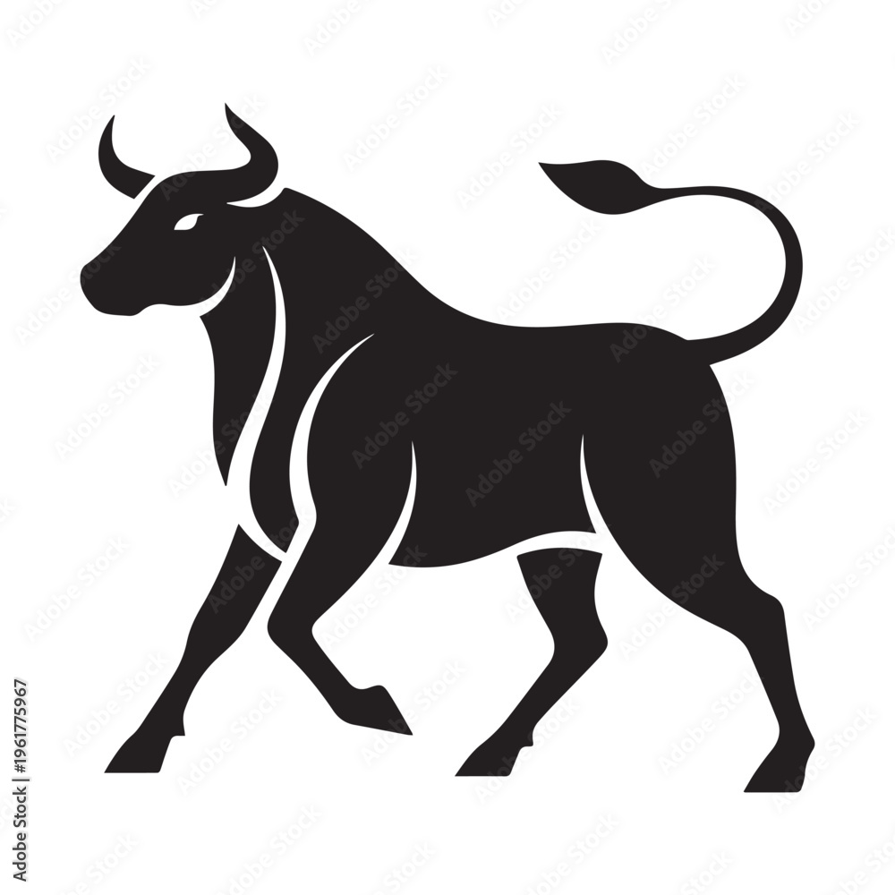 Fototapeta premium Powerful Black Bull Silhouette With Sharp Horns In Stylized Minimalist Vector Illustration