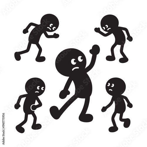 Five Nervous Black Stick Figures Running and Waving in Minimalist Vector Illustration
