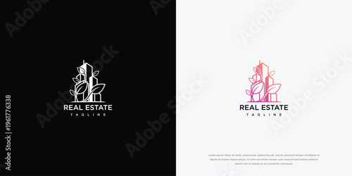 Modern Real Estate Building Logo with Green Leaves for Sustainable Property