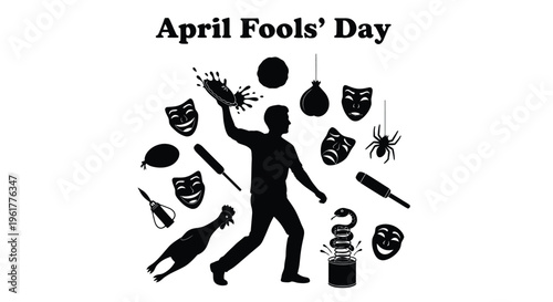 Black silhouette graphic collection representing various pranks and comical elements associated with April Fools' Day celebrations