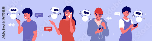 People communicate friendly ai robot. Men and women talk, chat, make video or audio call with artificial intelligence virtual assistant by smartphone. Support service, chatbot help vector illustration