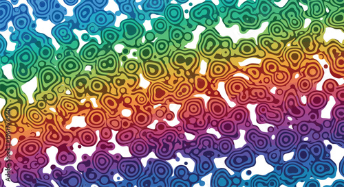 Vibrant abstract pattern features organic amoeba-like shapes with concentric rings rendered in a spectrum of rainbow colors on a white base.