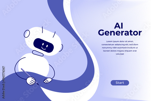 Ai generator for generate idea, draw, write, sketch, compose. Сute ai robot writing, drawing holding pen in hand. Design template artificial intelligence content creation. Chatbot vector illustration