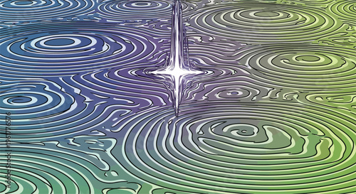 Serene pattern of concentric ripples spreads across a colorful surface featuring a bright central light source in blue and green tones.