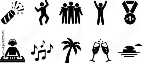 Beach Celebration Icons. Outline icon set of beach celebration icons: confetti burst, dancing figure, team hug
