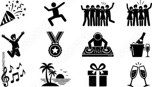 Beach Celebration Icons. Outline icon set of beach celebration icons: confetti burst, dancing figure, team hug
