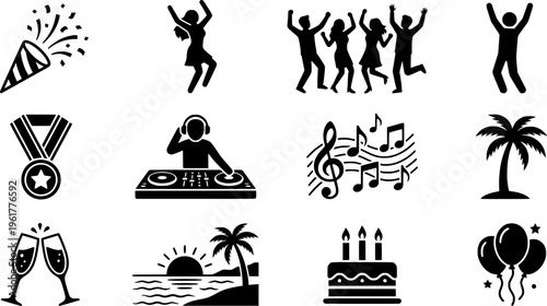 Beach Celebration Icons. Outline icon set of beach celebration icons: confetti burst, dancing figure, team hug
