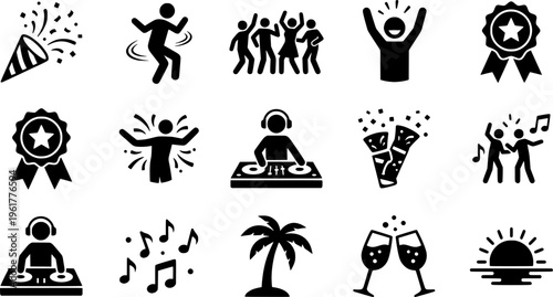 Beach Celebration Icons. Outline icon set of beach celebration icons: confetti burst, dancing figure, team hug

