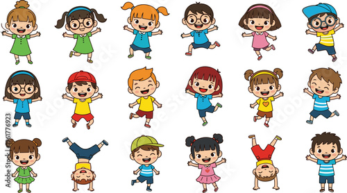 Collection of cheerful children vector illustrations showing kids jumping dancing playing laughing and expressing joy cartoon characters set