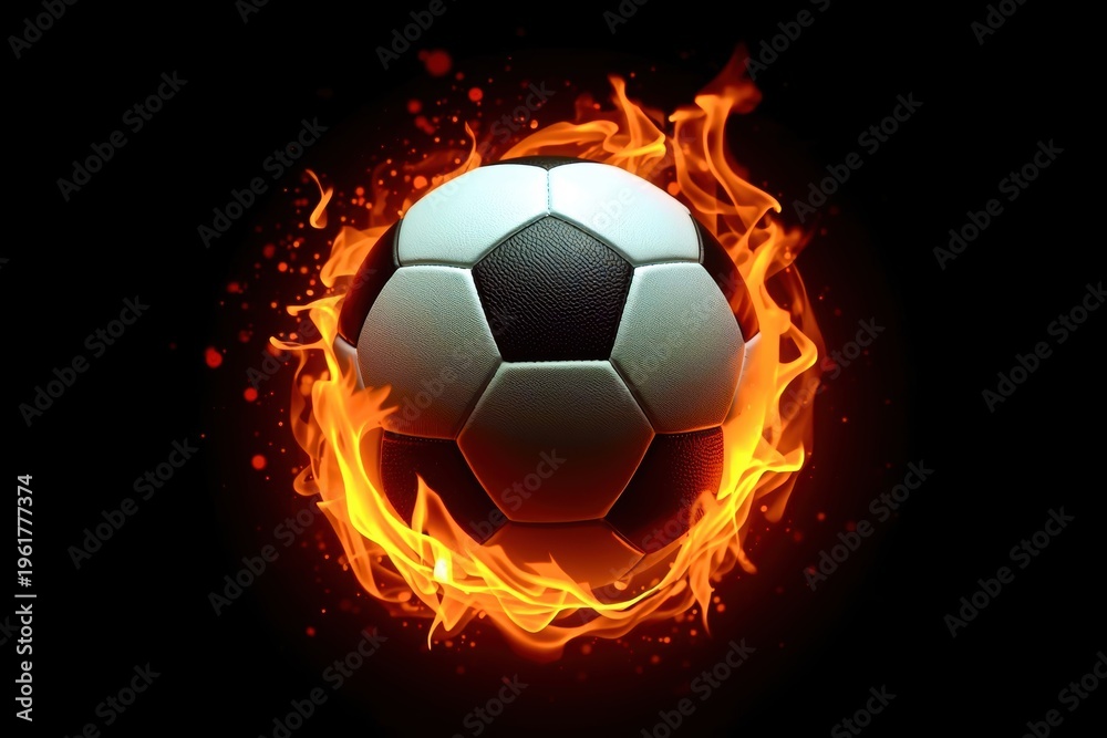 Fototapeta premium Soccer ball engulfed in flames, symbolizing passion and power in sports