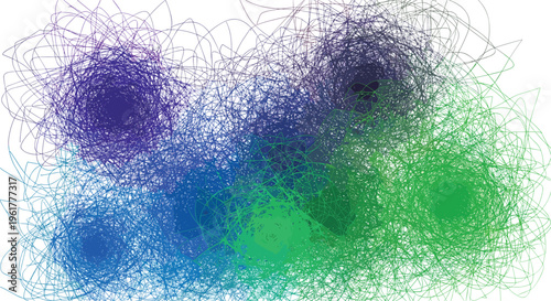 Abstract scribble art composition features energetic clusters of lines in vibrant blue, purple, and green on a stark white background.