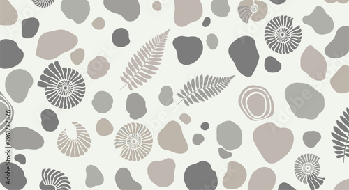 Natural pattern combines organic shapes of river stones, seashells, and fern fronds in a muted palette of grey and warm brown tones.
