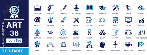 Art 36 Filled Icon Set. Painting, drawing, sculpture, music, literature, theater, design and artistic tools vector icons. Editable, scalable, vector illustration isolated on background.