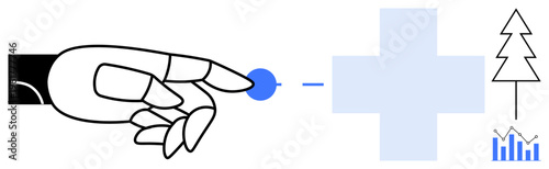 Healthcare innovation, artificial intelligence, digital transformation, sustainability, data analysis, future technology. Robotic hand interacting with medical, environmental, and data icons