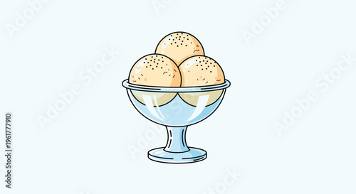 Three scoops of vanilla ice cream with black seeds served in a glass bowl against a light blue background illustration.