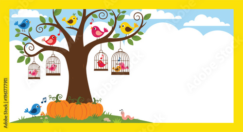 Vibrant autumn tree filled with colorful singing birds and birdcages next to pumpkins and a friendly worm on the ground.