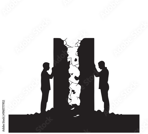 Two figures breaking a crumbling wall, symbolizing human effort to overcome challenges, dismantle barriers, and drive transformative change, achieving progress