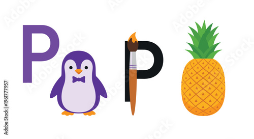 Alphabet letter P learning sheet featuring colorful icons of a purple penguin, a paintbrush, and a ripe yellow pineapple.