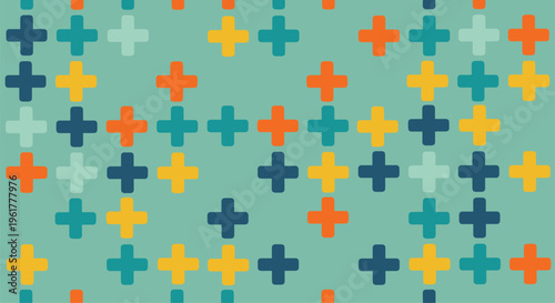 Playful seamless pattern showcases a grid of hand-drawn plus signs in orange, yellow, and blue shades on a teal background.