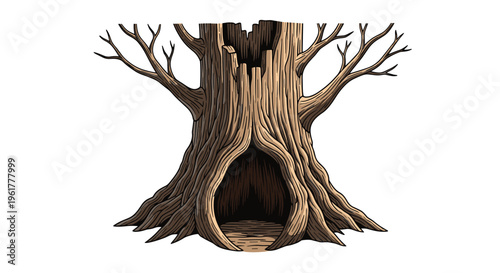 Large old tree trunk with a dark hollow opening at the base and bare branches against a clean white background.