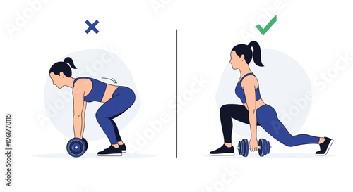 Fitness guide showing correct and incorrect form for a weighted lunge exercise performed by a woman with blue dumbbells.