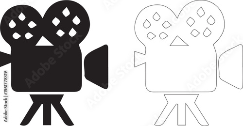 Vintage film camera on tripod icon black and white outline cinema equipment symbol design