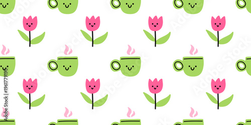 Vector seamless pattern with cute kawaii green coffee cup and pink tulip flower characters on white background. Cozy print for kitchen decor, cafe wallpaper, fabric, gift wrapping paper, stationery.