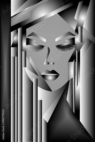 An abstract portrait of a woman, a painting for an interior. Geometric shapes, metallic lines, and smooth gradients create a contemporary artistic style.