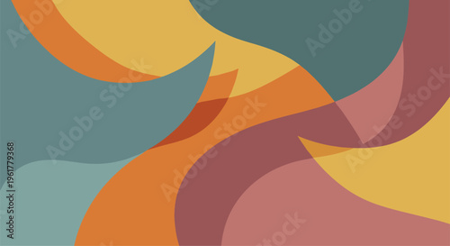 Bold teal, orange, and maroon curved forms intersect to create a dynamic abstract composition with a retro color palette.