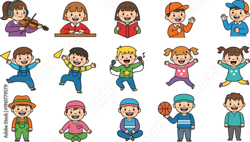 Collection of happy children vector illustrations showing kids playing reading singing jumping studying and sports activities cartoon characters set