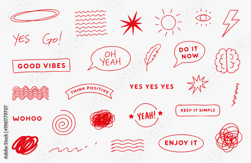 Red pen scratch doodle and short phrases collection for hand drawn notes, journaling and graphic design. Thin red marker doodles and scribbles, hand drawn stickers, emphasis vector elements.