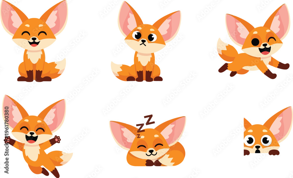 Obraz premium Cute cartoon fox emoticon stickers set