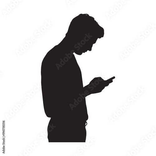 Side view silhouette of young man looking at smartphone screen on white background