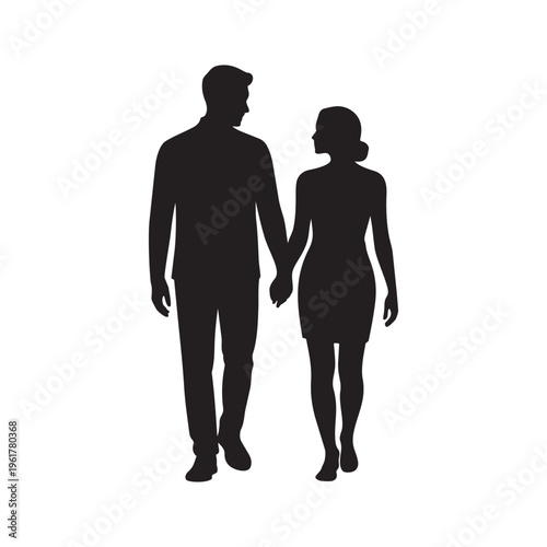 Silhouette of romantic couple walking and holding hands together isolated on white