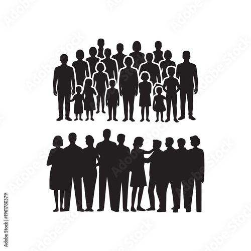 Large group of people silhouettes diverse crowd and community concept on white background