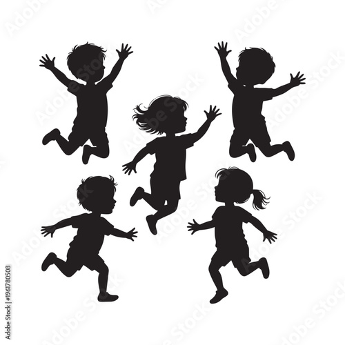 Happy children playing and jumping silhouette vector set, kids playing outside on white background, group of excited boys and girls having fun together