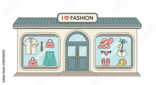 Charming fashion boutique storefront with display windows showing summer clothes, beach accessories, and stylish modern outfits.