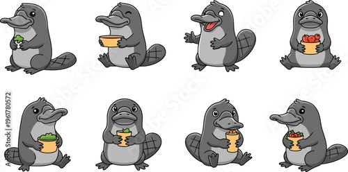 Cute platypus eating food cartoon characters