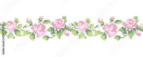 Seamless Cross Stitch Rose Border Floral Embroidery Lace Pattern Vintage Cottagecore Vector