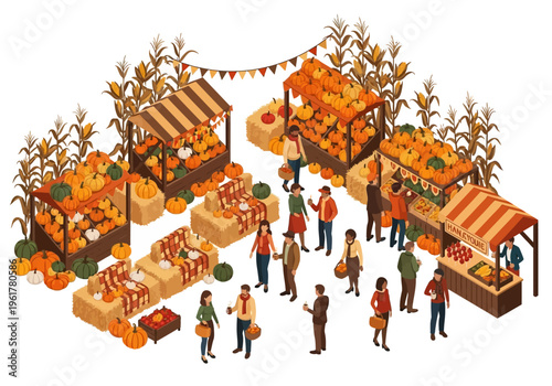 Vibrant Autumn Harvest Market with Diverse People and Abundant Produce