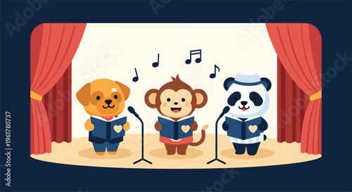 Cute cartoon animals including a dog, monkey, and panda performing in a singing choir on a theater stage with big red curtains.