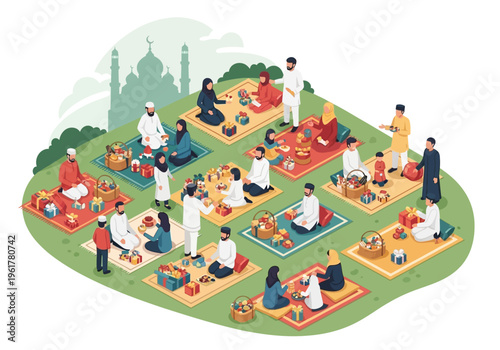 Celebration Scene Featuring People Enjoying a Festive Outdoor Gathering with Gifts and Food