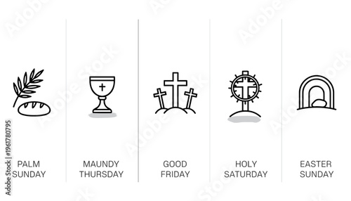 Holy Week Christian symbols outline icons set for Palm Sunday, Maundy Thursday, Good Friday, Holy Saturday, and Easter Sunday.