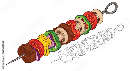 Delicious looking shish kebab skewer with grilled meat and vegetables shown in color and as a line art drawing for kids to color.