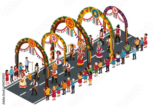Colorful parade with people in traditional costumes and festive arches on a street