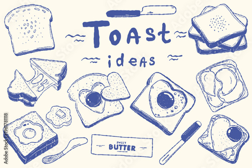 Breakfast toast collection with fried eggs and sandwiches in sketch style