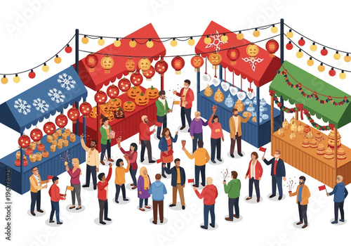 Festive outdoor market with stalls and people celebrating, illuminated by string lights