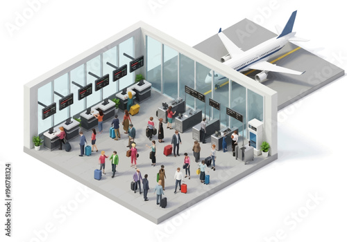 Isometric view of an airport terminal with passengers and an airplane on the tarmac