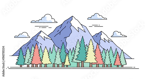 Colorful trees in front mountain range.